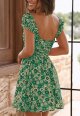 Womens Summer High Waist Floral Dress Square Neck Short Sleeve Elastic Waist Mini Casual Dresses