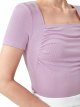 Women's Short Sleeve Square Neck Ruched Tee Top Ribbed Slim Fitted T Shirt